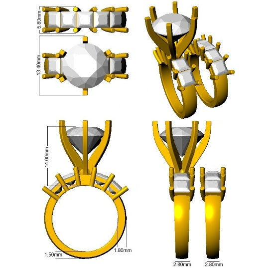 Gold ring design with diamond and measurements on a white background