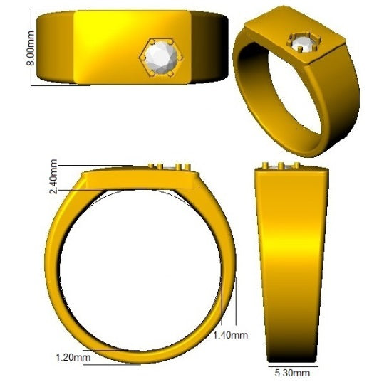 Yellow metal ring with dimensions on a white background