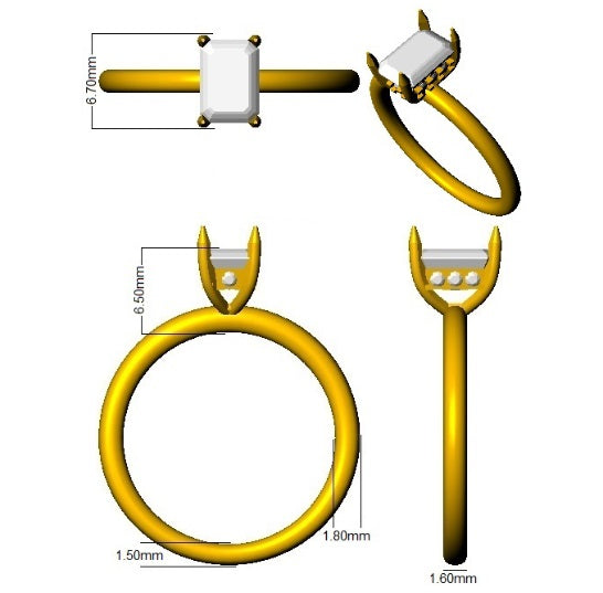 Technical drawing of a gold ring with measurements on a white background