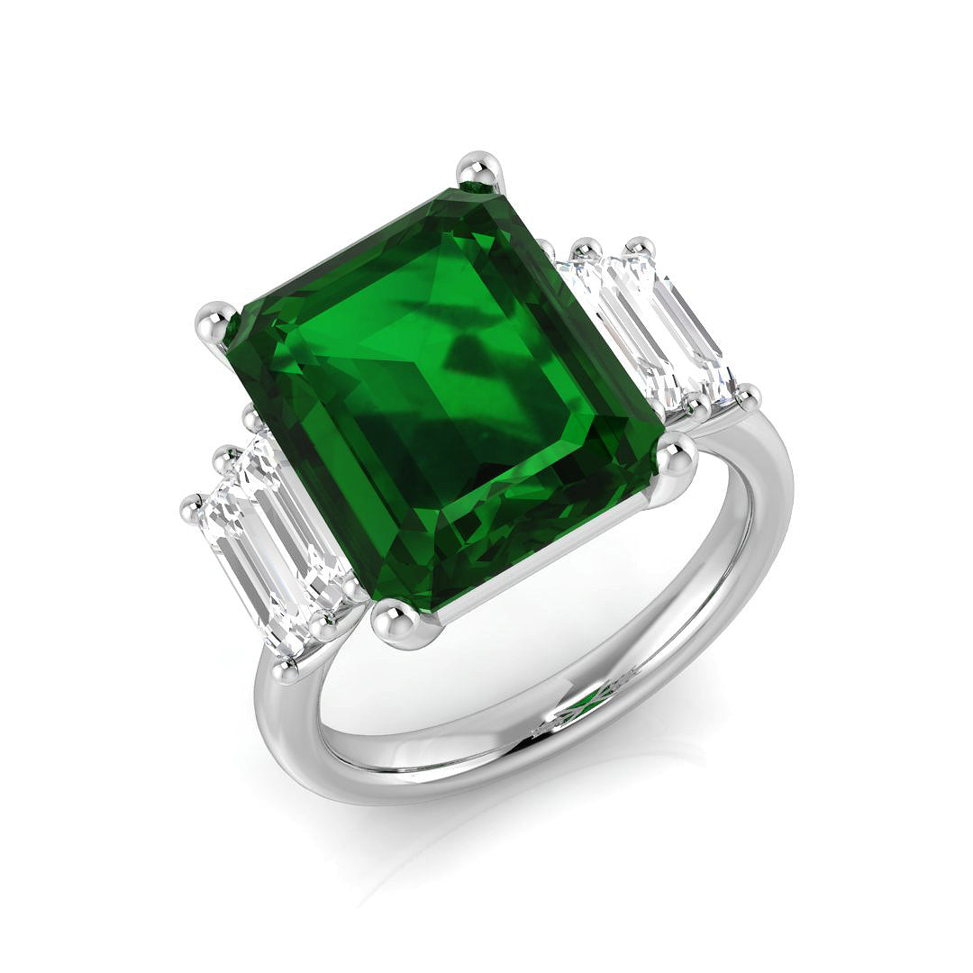 Green Gemstone Ring, Emerald Cut Ring, Three Stone Ring, Baguette Diamond Ring