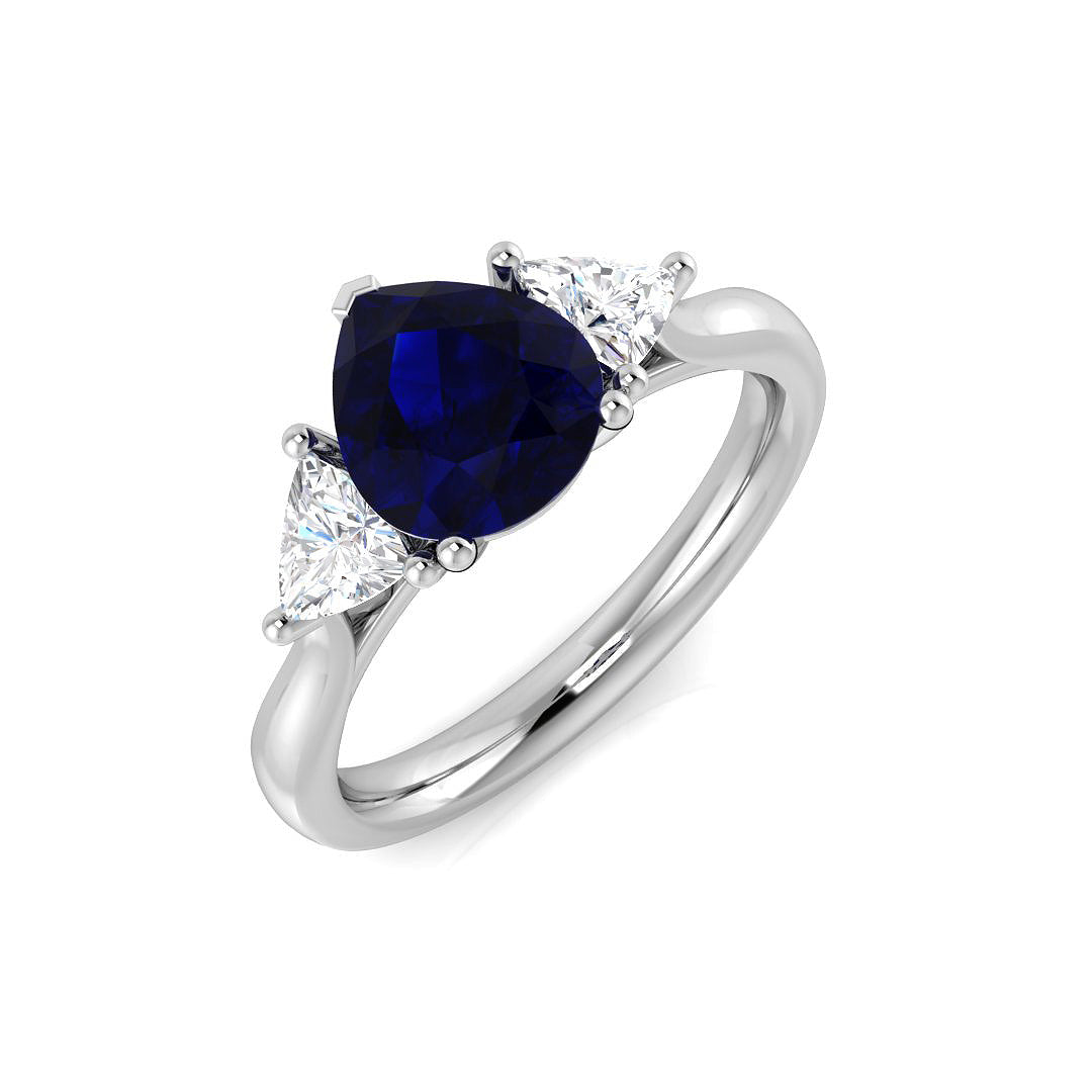 Pear Cut Blue Sapphire Ring with Trillion Cut Side Stone Trilogy Ring | UK Hallmarked