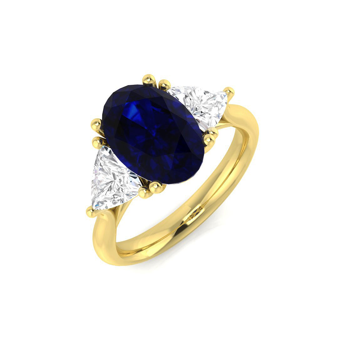 Oval Sapphire Three Stone Ring with Trillion Side Stone Diamonds | Trilogy Design Ring