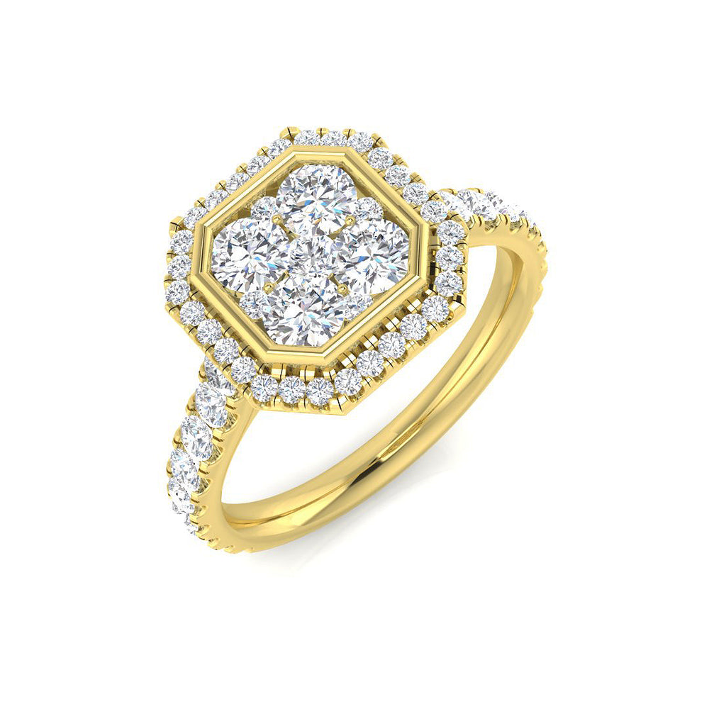 Round Cut Diamond Octagonal Cluster Engagement Ring