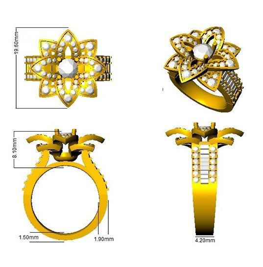 Floral Design Diamond Engagement Ring | Round & Baguette Diamonds