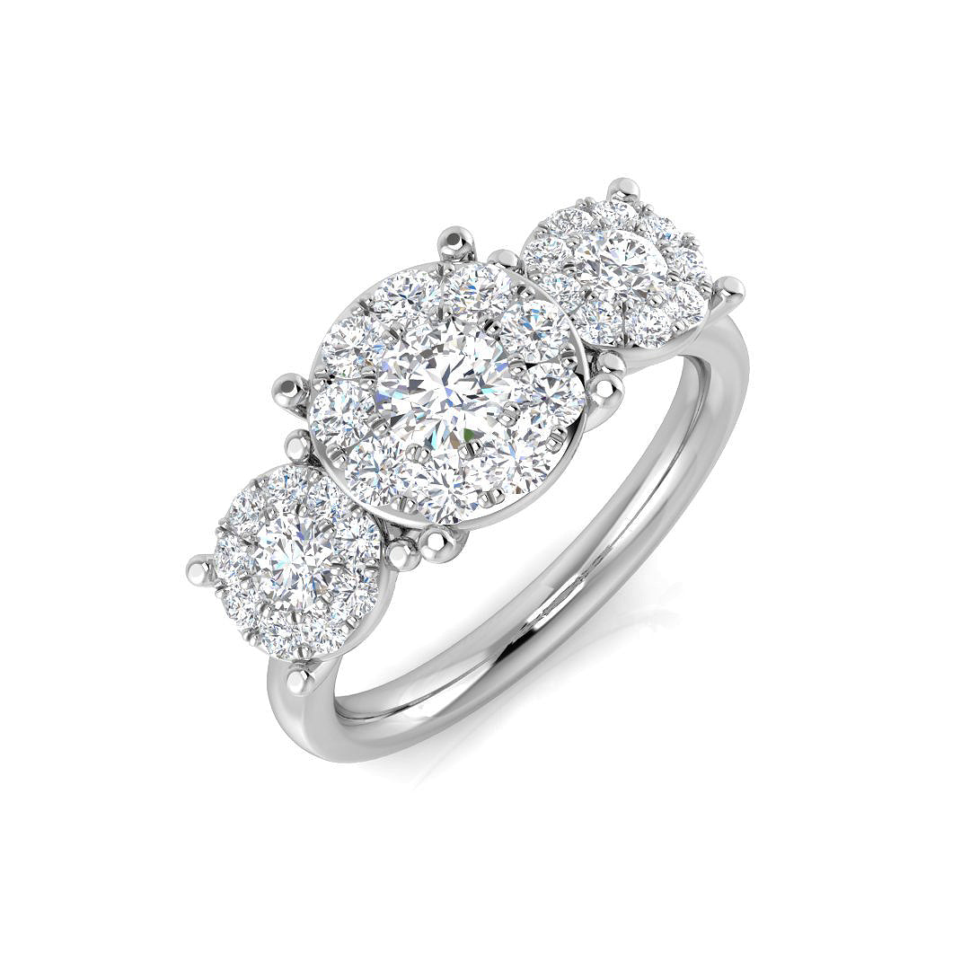 Natural Round Cut Diamond Three Stone Cluster Halo Ring