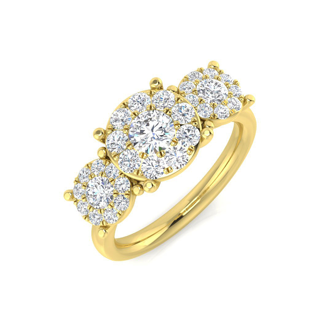 Natural Round Cut Diamond Three Stone Cluster Halo Ring
