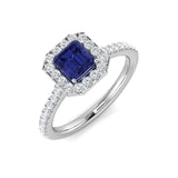 Blue Sapphire Ring, White Gold Gemstone Ring, Halo Diamond Ring