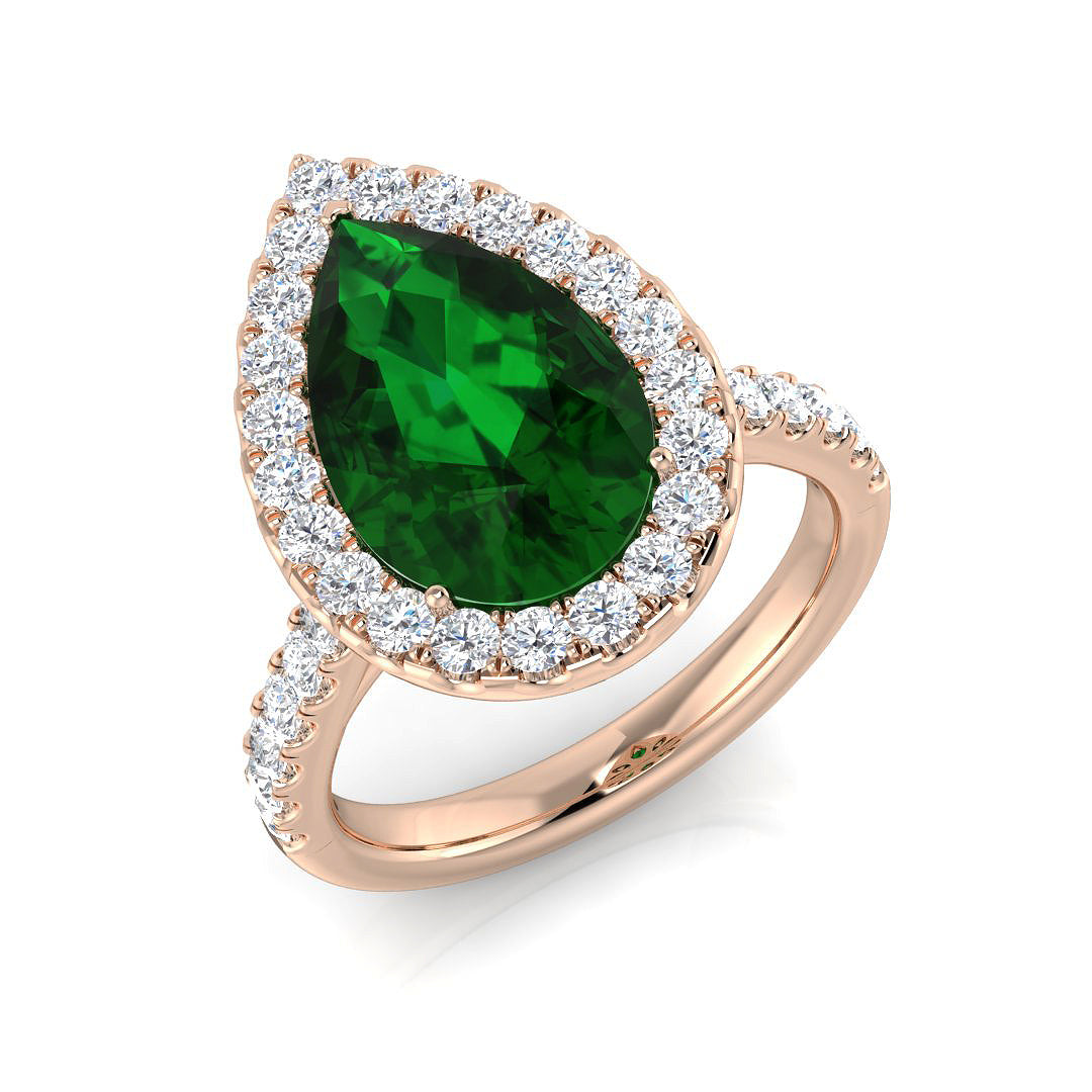 Green Sapphire Diamond Halo Engagement Ring | Pear-Shaped with Pave Band | 4.00 Catar