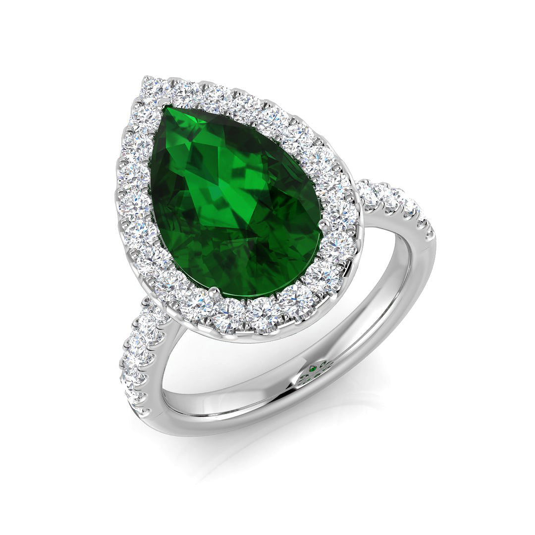 Green Sapphire Diamond Halo Engagement Ring | Pear-Shaped with Pave Band | 4.00 Catar