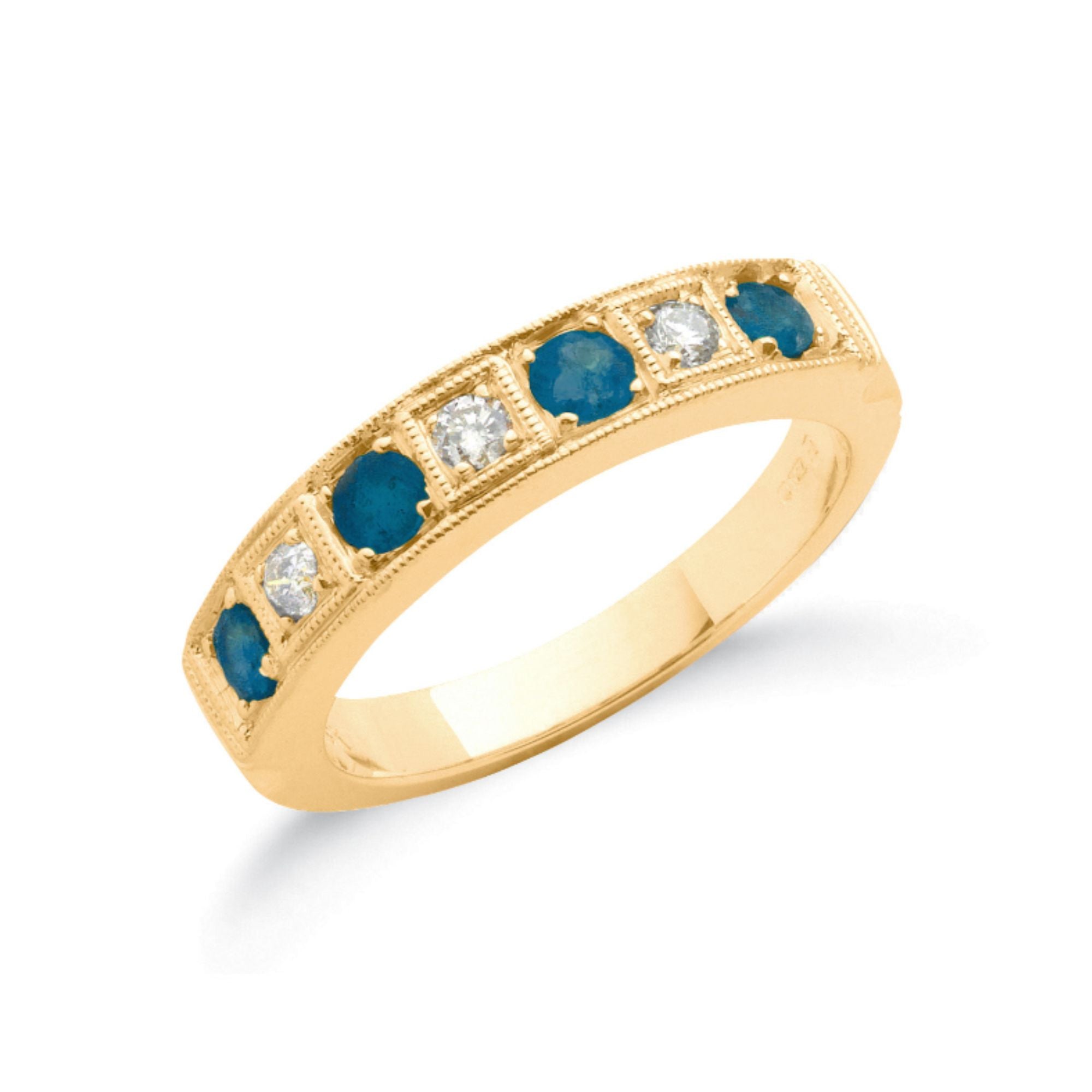 18K Yellow Gold Milgrain Half Eternity Ring in Natural Diamond and Gemstones