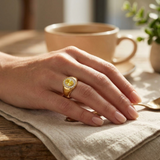 9K Yellow Gold Oval Yellow Diamond Halo Signet Ring with Natural Diamond Surround