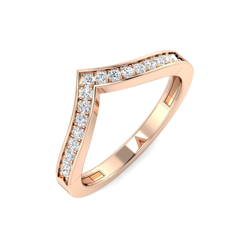 Rose gold ring with diamond accents on a white background