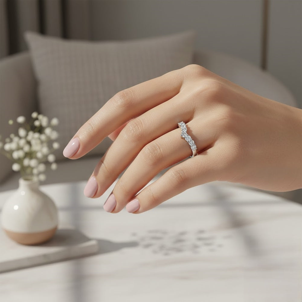 Soft V shape bridal band with round diamonds