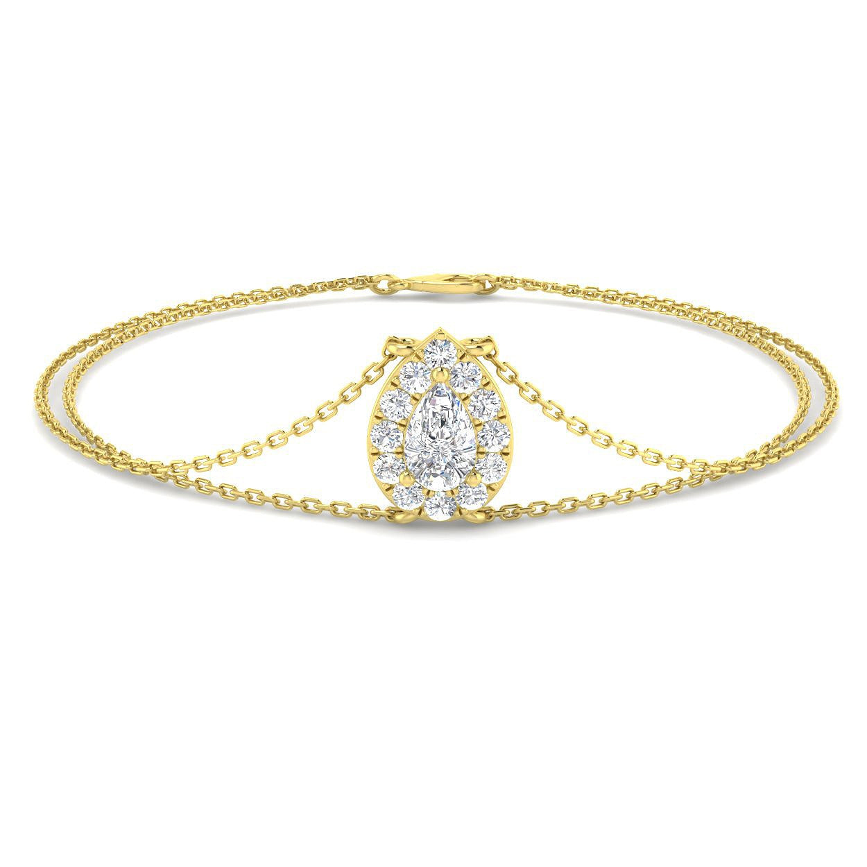 Pear Cut Halo Diamond Bracelet, Platinum Double Chain Bracelet, Natural Solitaire Diamond Bracelet