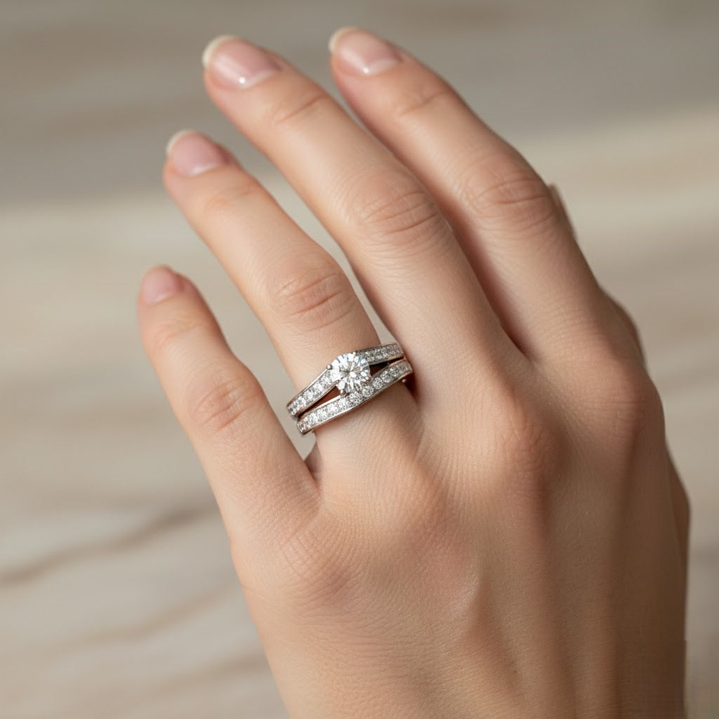 Split band diamond bridal ring set with round solitaire