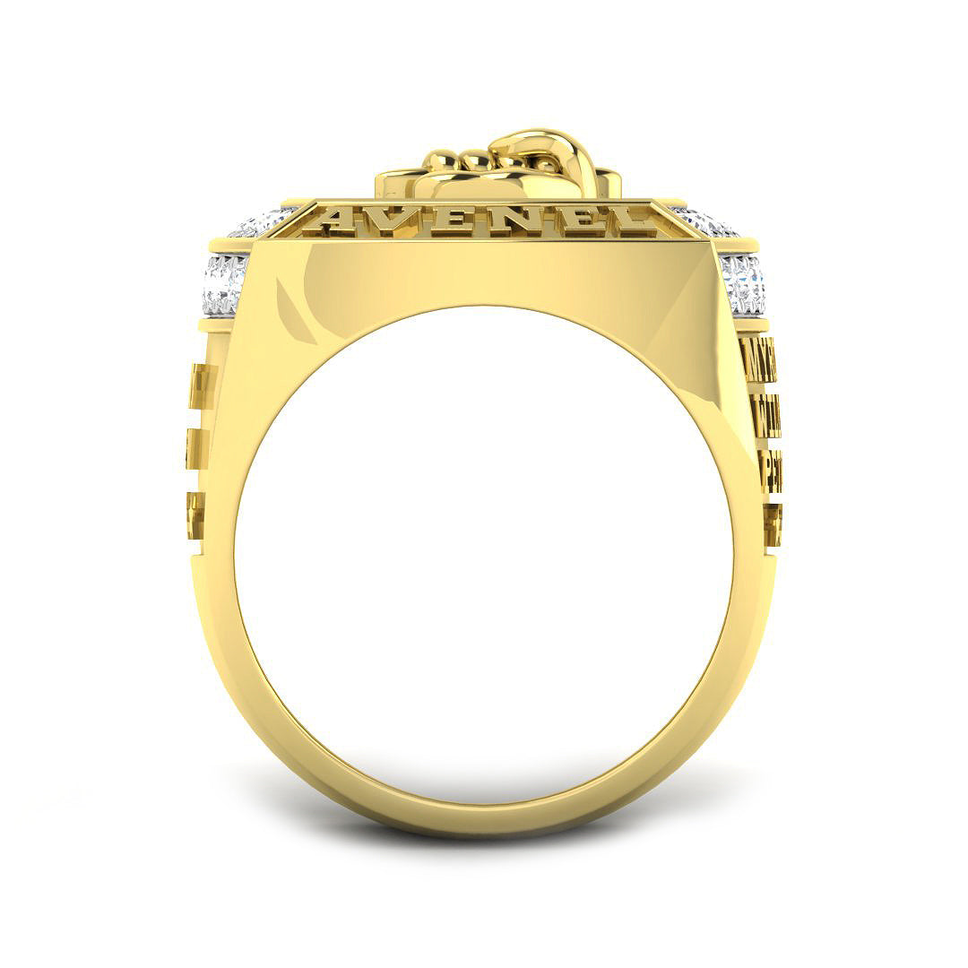 Statement diamond ring with fist symbol and Avenel engraving