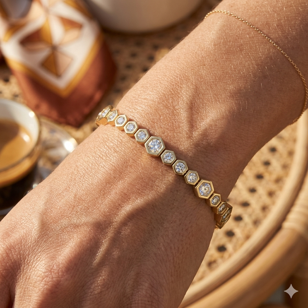 9K White Gold Natural Round Bezel Set Diamond Octagon Tennis Bracelet with Box Clasp