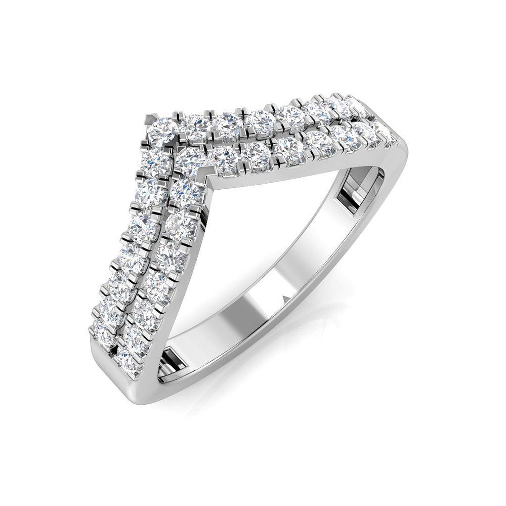 Diamond ring with a unique triangular design on a white background