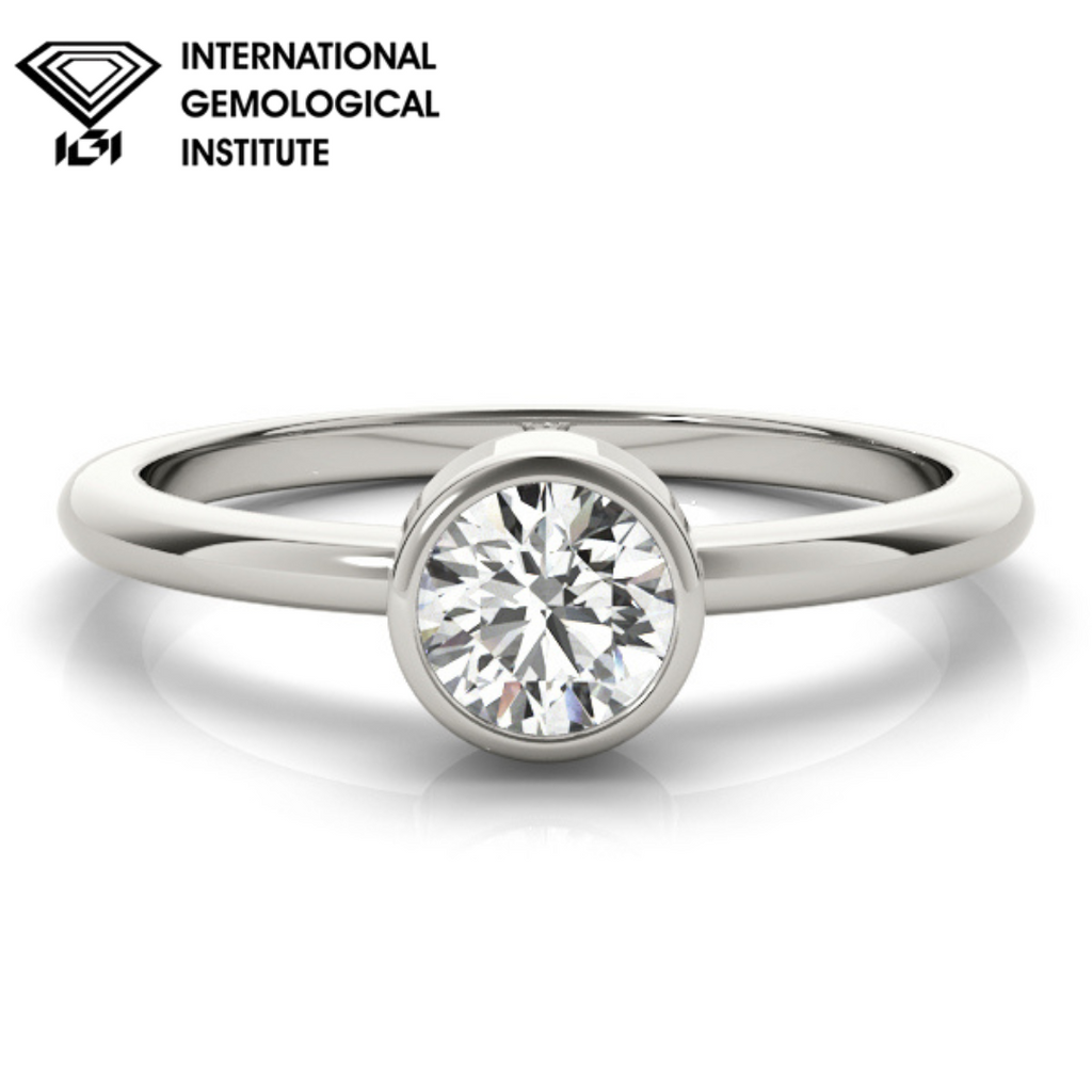 IGI Lab Grown D VVS Round Cut Diamond Bezel Setting Engagement Ring.