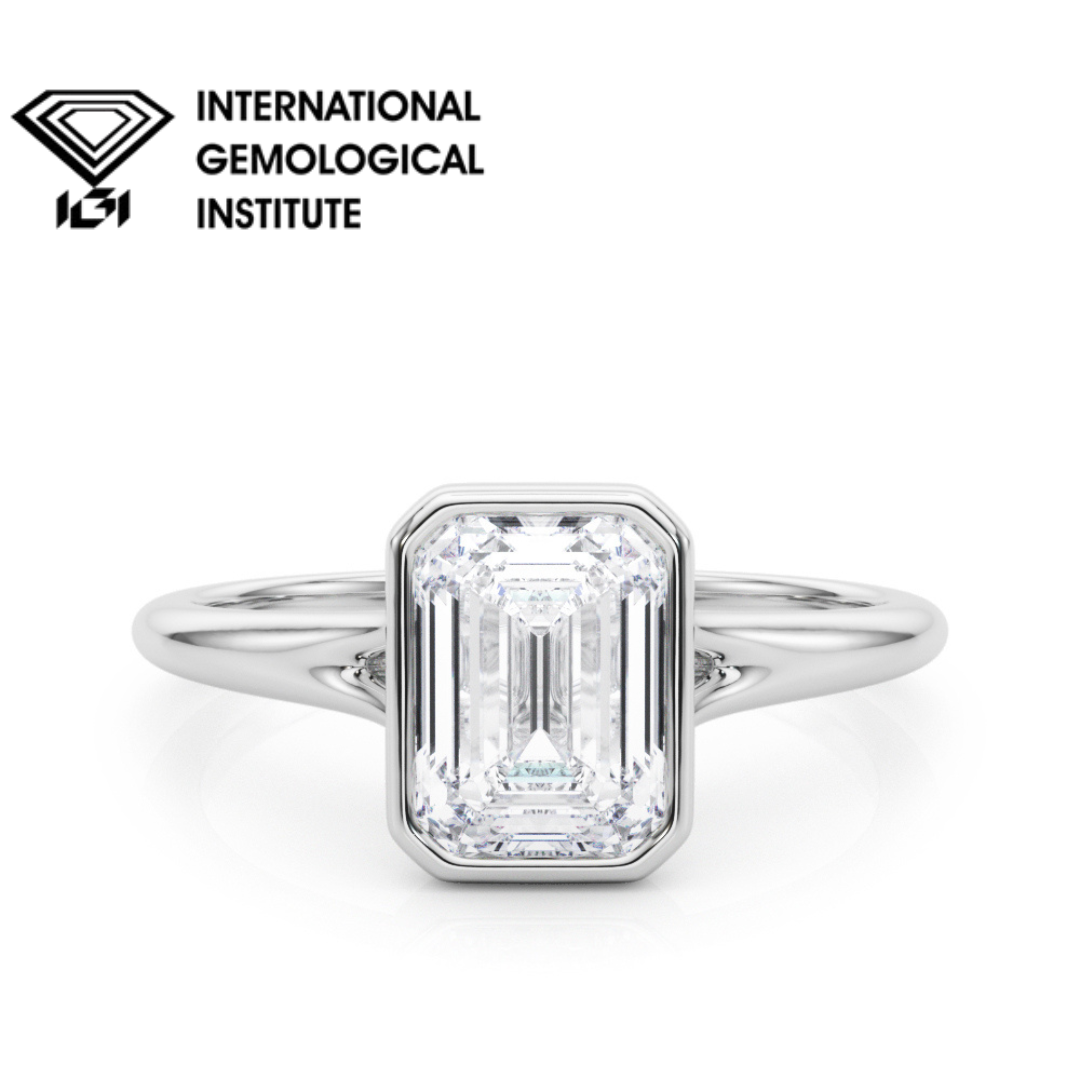 IGI Lab-Grown D-VVS Emerald Cut Diamond Bezel Set Solitaire Engagement Ring Gift For Her.