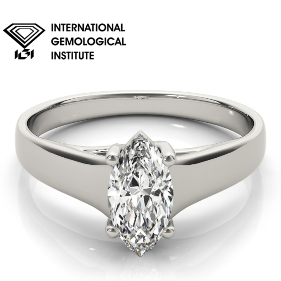 IGI Lab-Grown Marquise Cut Diamond Four-Prong Solitaire Engagement Ring.