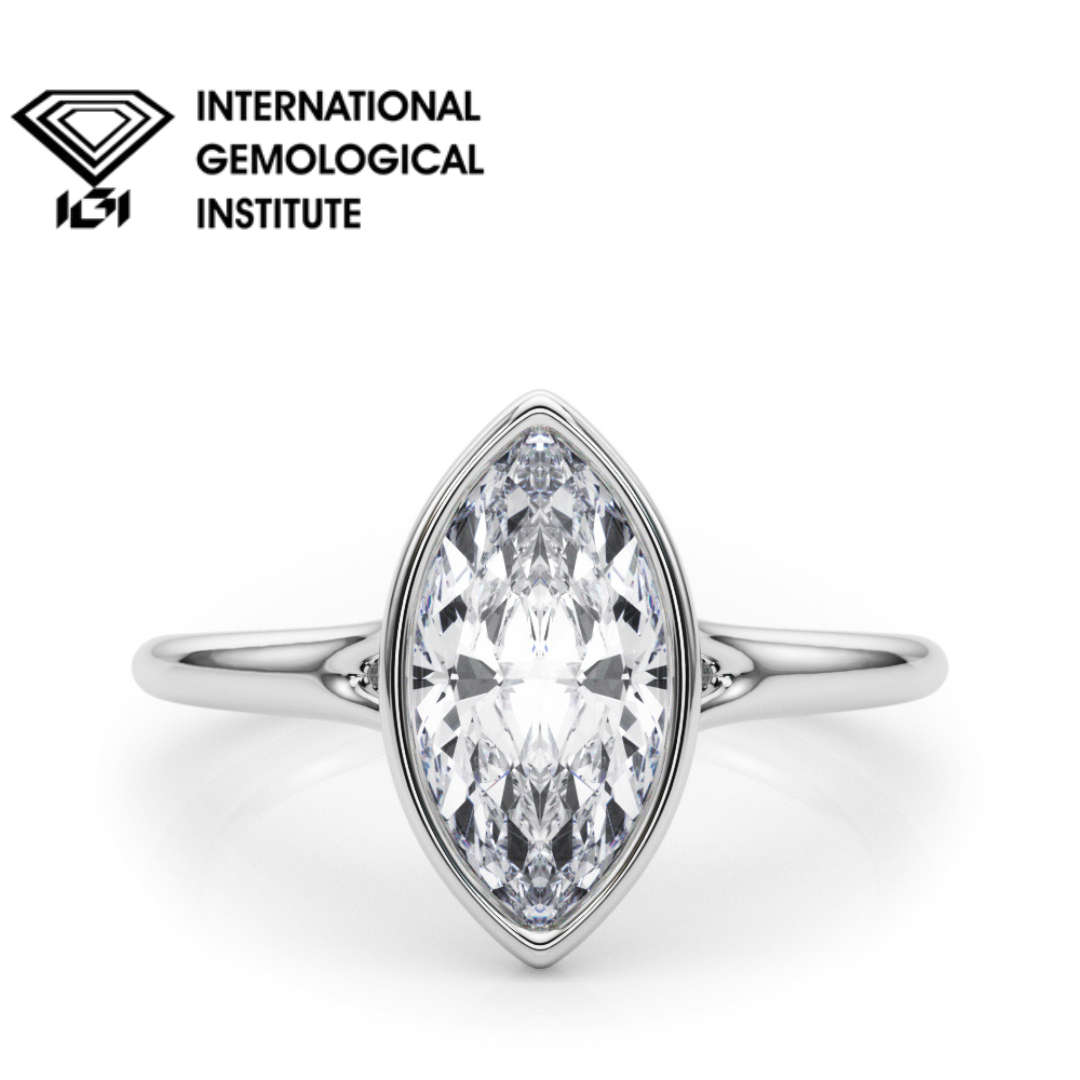 IGI Lab-Grown Marquise Cut Diamond Bezel Set Solitaire Engagement Ring.