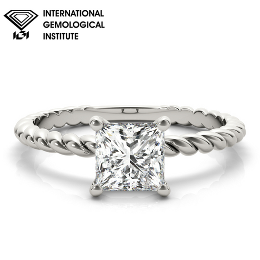 IGI Lab-Grown Princess Cut Diamond D-VVS Twisted Band Solitaire Engagement Ring.