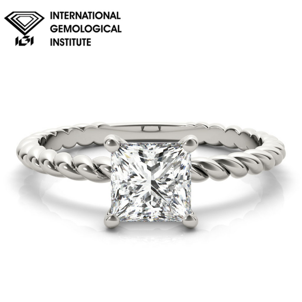 IGI Lab Grown Princess Cut Diamond D VVS Twisted Band Solitaire Engagement Ring.