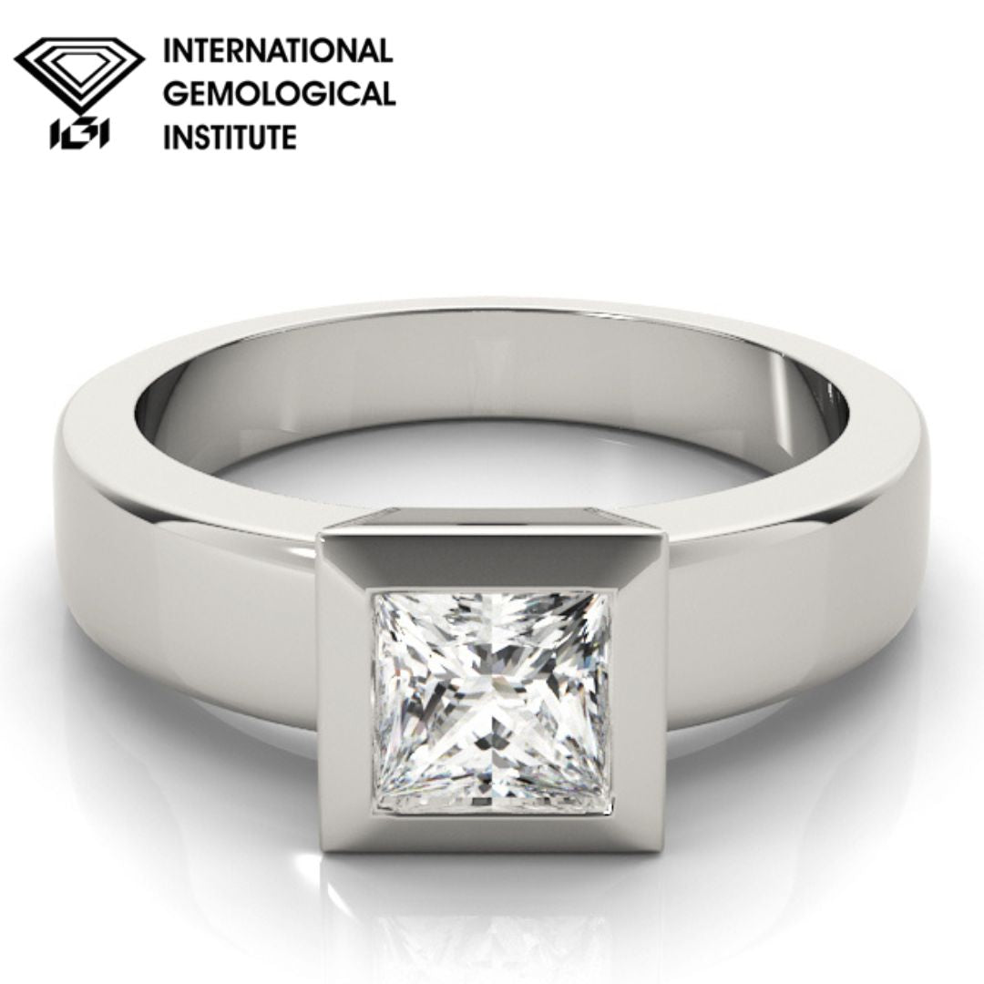 Modern IGI Lab-Grown Princess Cut Diamond D-VVS Solitaire Bezel Set Engagement Ring.