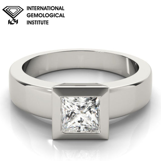 Modern IGI Lab-Grown Princess Cut Diamond D-VVS Solitaire Bezel Set Engagement Ring.