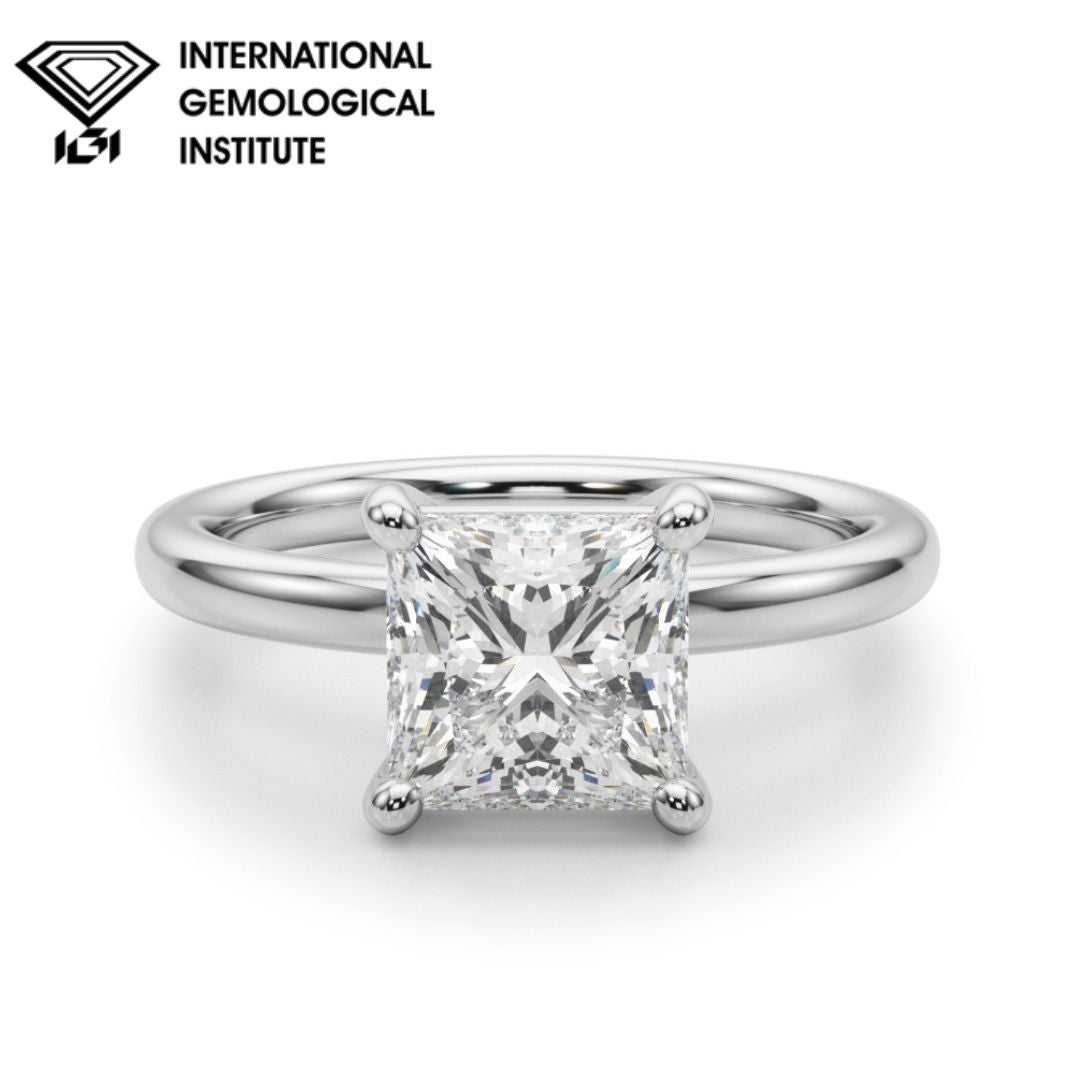 IGI Lab-Grown Princess Cut D-VVS Diamond Four Prong Solitaire Engagement Ring.