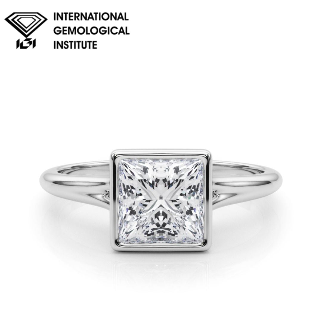 IGI Lab-Grown D-VVS Princess Cut Diamond Bezel Set Solitaire Engagement Ring Valentine Gift For Her.