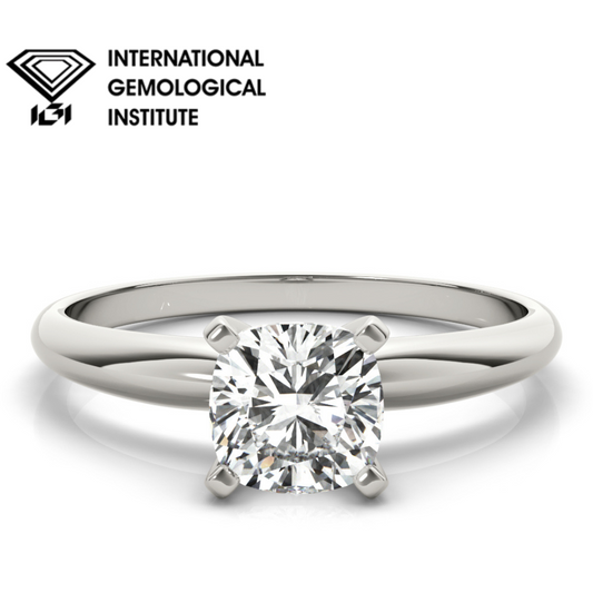 IGI Lab-Grown Cushion Diamond Four Prong Set Solitaire Engagement Ring, D Color VVS Clarity