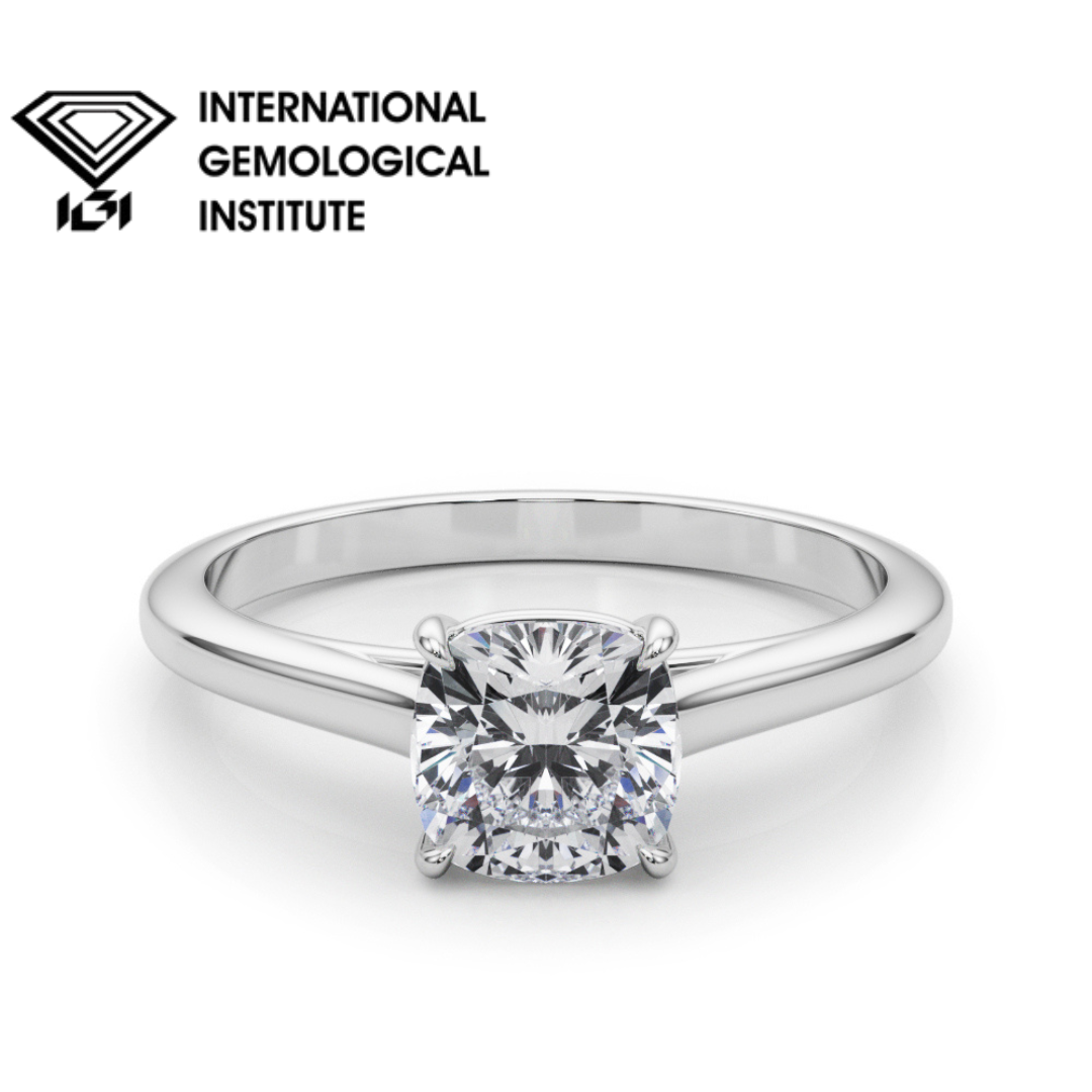 IGI Lab-Grown Cushion Diamond 4 Prong Set Solitaire Engagement Ring, D Color VVS Clarity