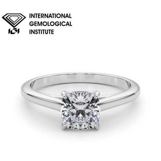 IGI Lab-Grown Cushion Diamond 4 Prong Set Solitaire Engagement Ring, D Color VVS Clarity