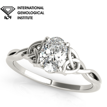 IGI Lab-Grown Oval Diamond 4 Claw Celtic Knot Solitaire Engagement Ring, D Color VVS Clarity