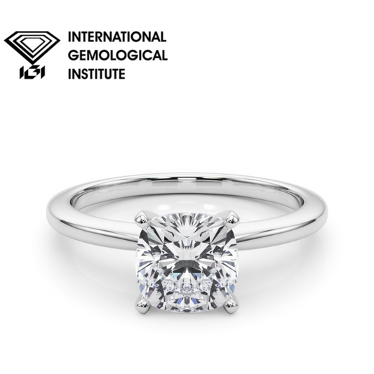 IGI Lab-Grown Cushion Diamond Four Prong Solitaire Engagement Ring, D Color VVS Clarity