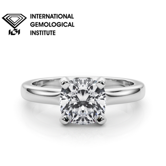 IGI Lab-Grown Cushion Diamond 4 Prong Solitaire Engagement Ring, D Color VVS Clarity