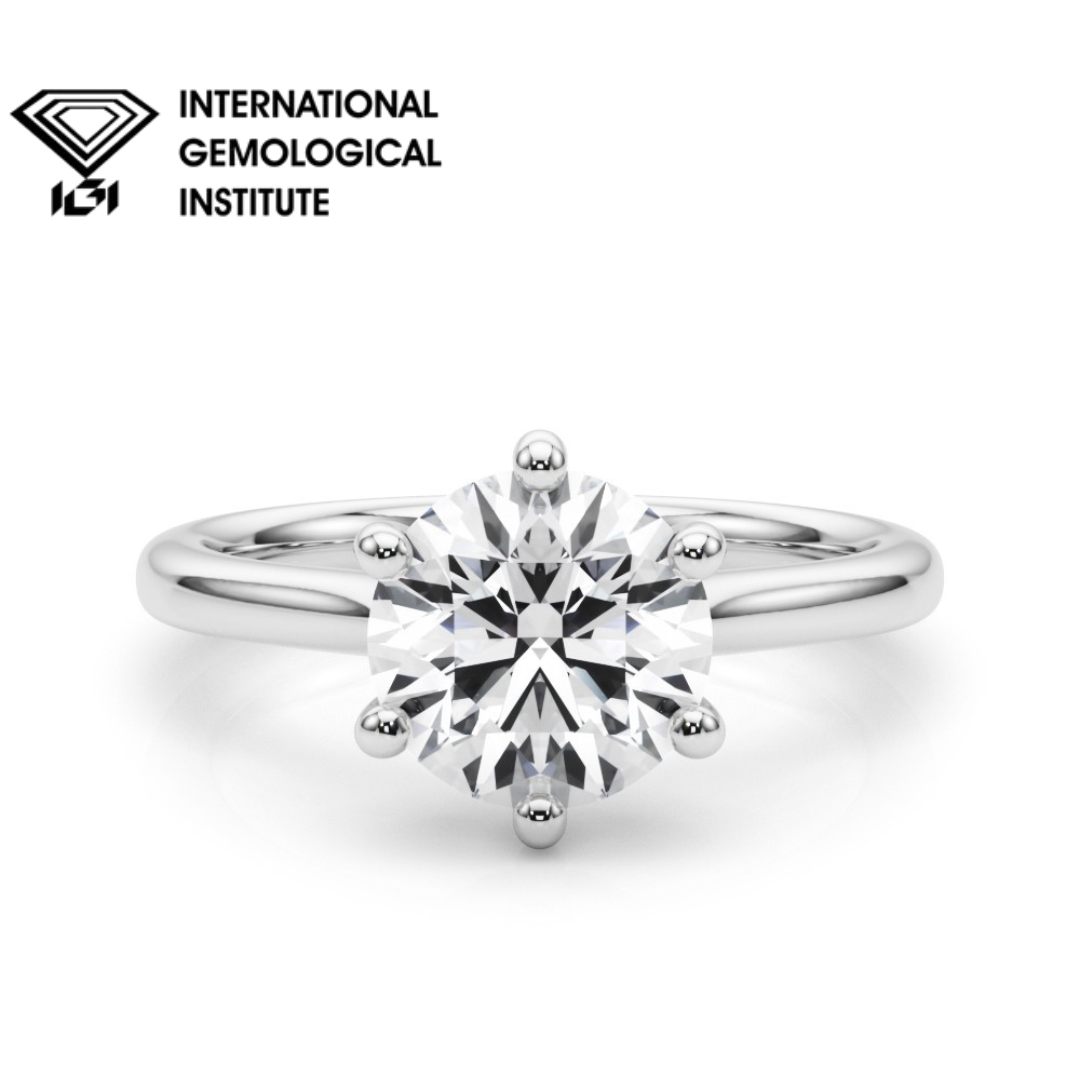 IGI Lab-Grown Solitaire Engagement Ring, Six Claw Set Round Cut Diamond Ring, D Color VVS Clarity