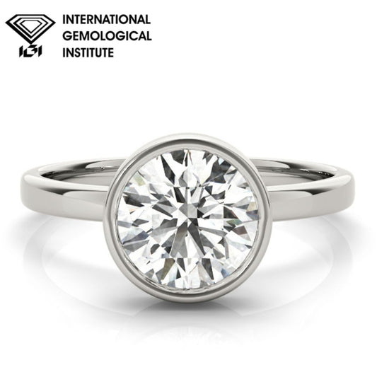 IGI Lab-Grown Round Cut Diamond Bezel Setting Solitaries Engagement Ring.