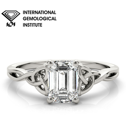 IGI D-VVS Lab-Grown Emerald Cut Diamond Intertwined Knot Solitaire Engagement Ring.