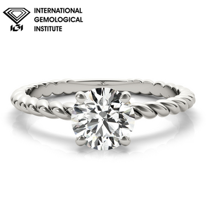 IGI Lab-Grown Round Cut Diamond Twisted Rope 4-Prong Setting Engagement Ring.