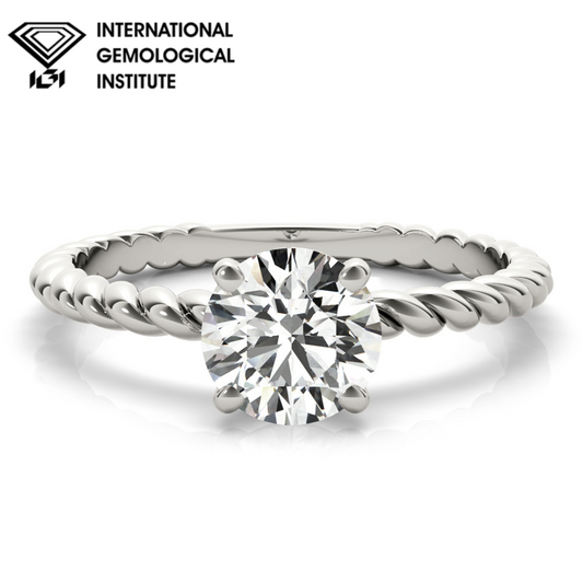 IGI Lab-Grown Round Cut Diamond Twisted Rope 4-Prong Setting Engagement Ring.