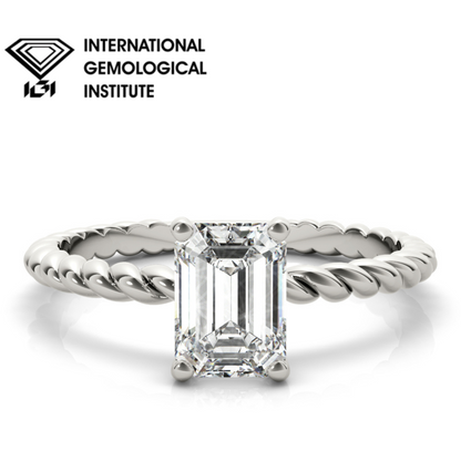 IGI Lab-Grown D-VVS Emerald Cut Diamond Twisted Band 4-Prong Solitaire Engagement Ring.