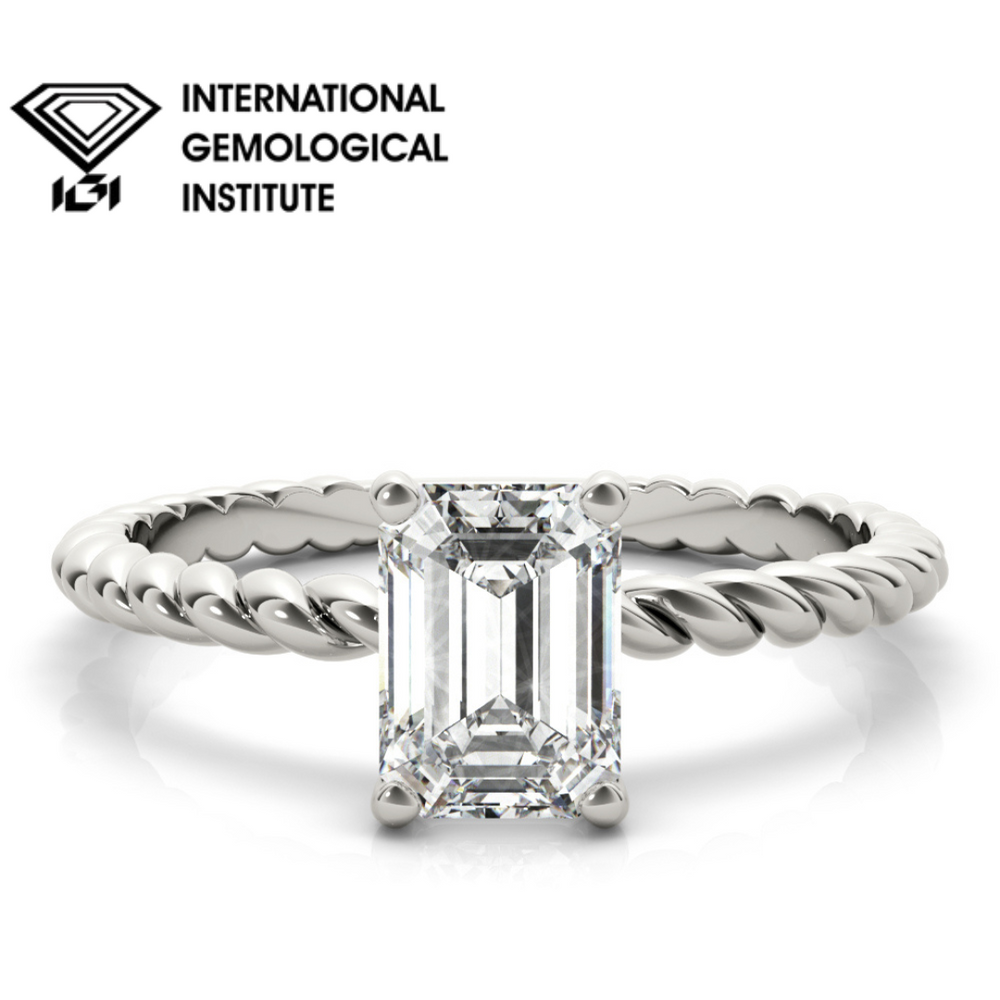 Emerald Cut Diamond Twisted Band 4-Prong Solitaire Engagement Ring