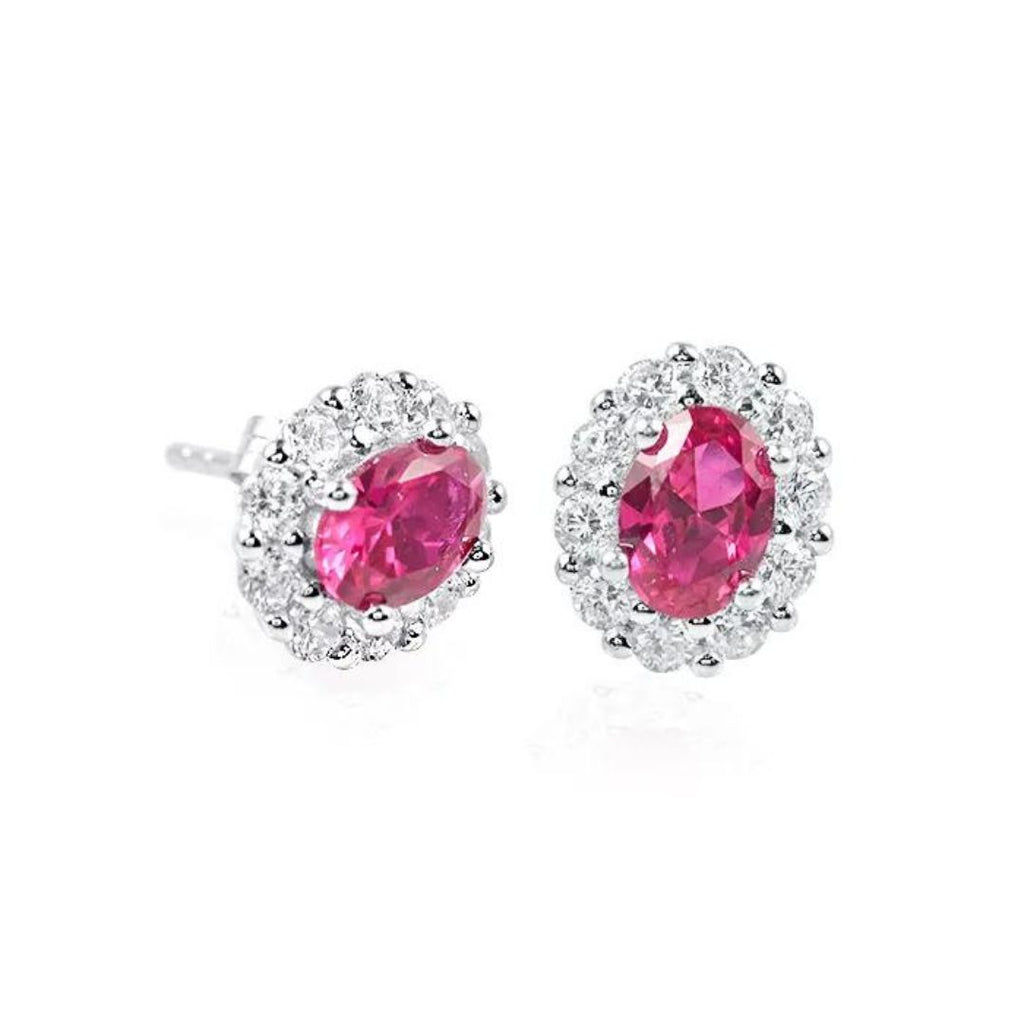 Ruby Diamond Solitaire Cluster Stud Earrings 9K White Gold