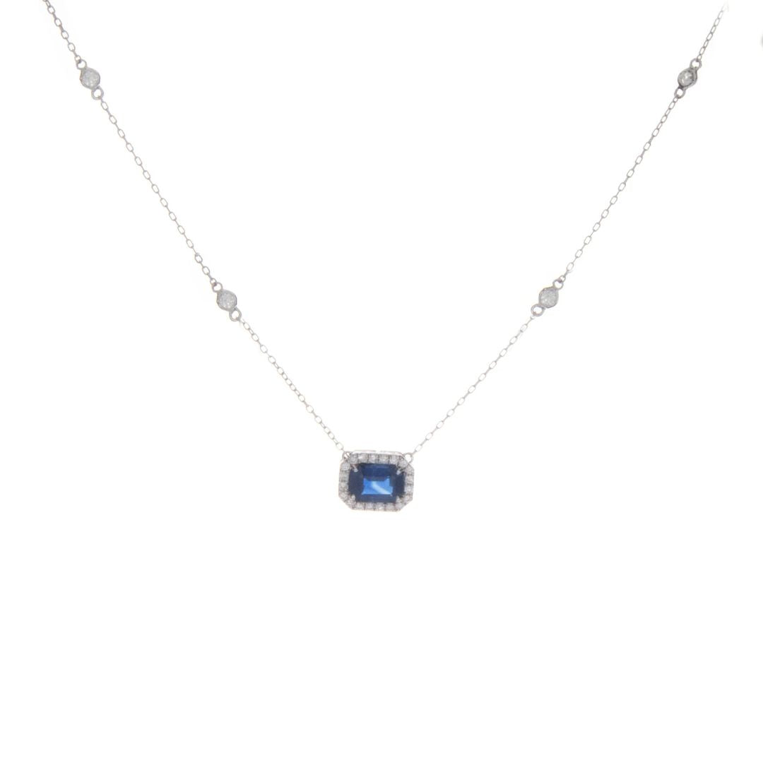 2.16Ct Sapphire Lab Grown Diamond Halo Pendant Necklace in Silver
