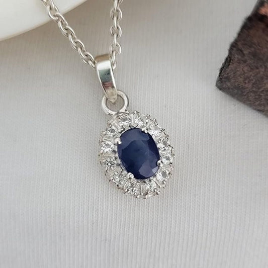 Oval Sapphire Diamond 18K White Gold Pendant