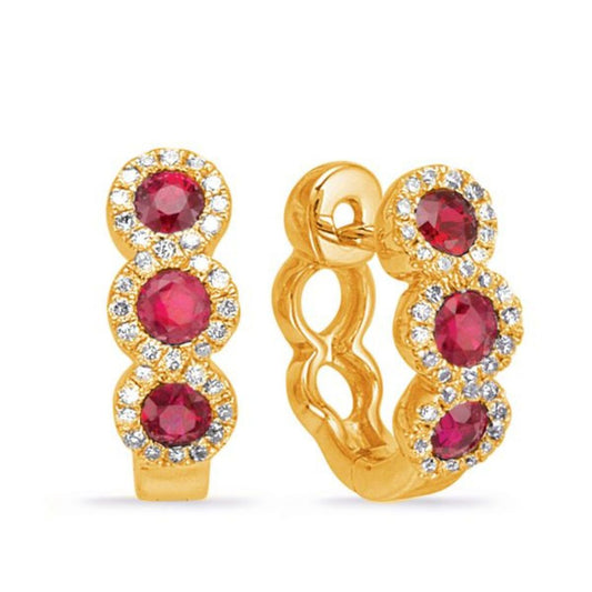 Ruby Diamond Trilogy Earrings In 18K Yellow Gold