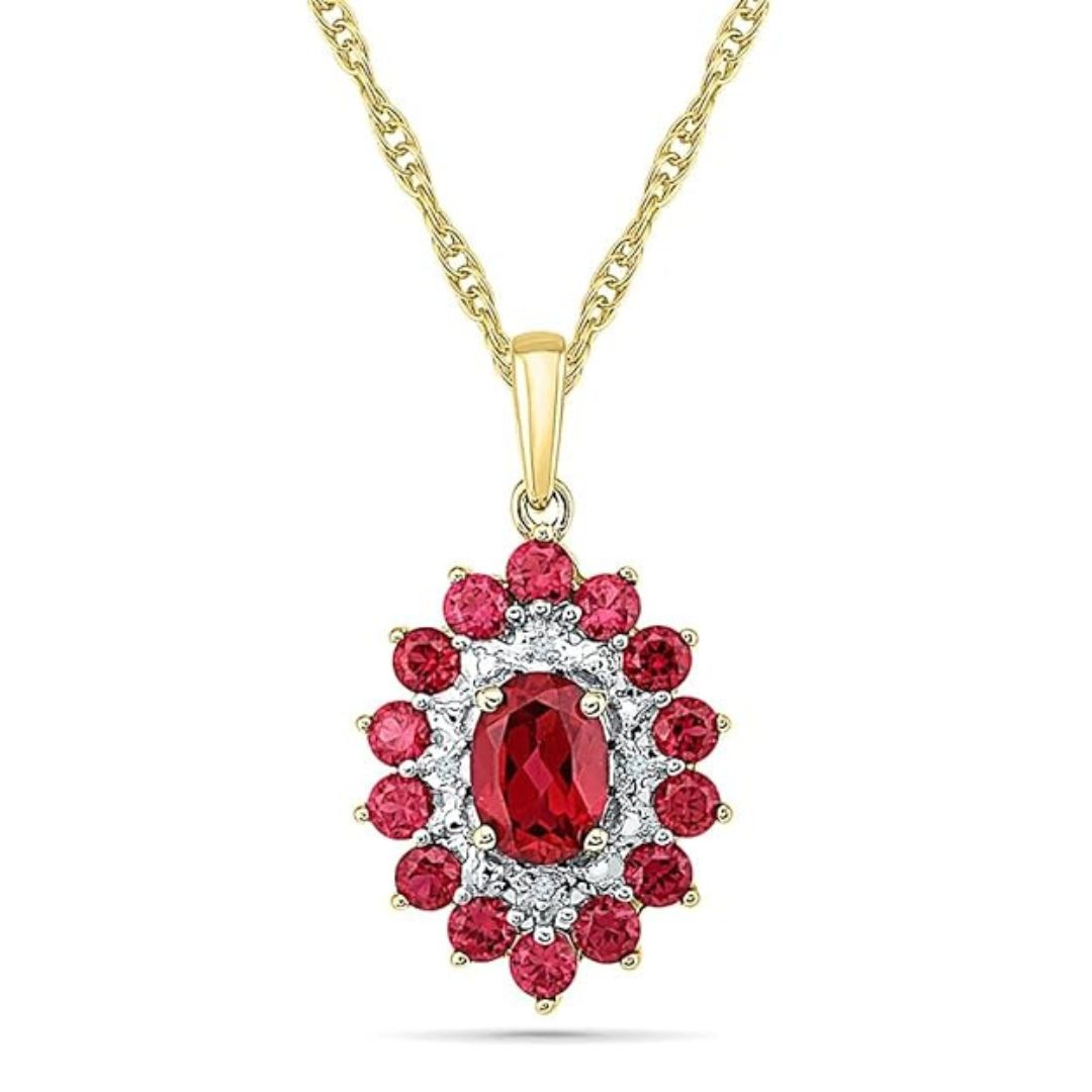 1.50ct Ruby Diamond Halo Pendant Necklace 18K Gold